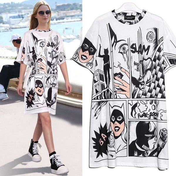 

womens clothing white dress 2019 korean style summer women white casual plus size cartoon print cute midi loose kawaii sun robe 2404, Black;gray