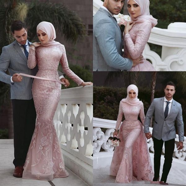 

long sleeve muslim evening dresses 2019 mermaid pink applique lace islamic dubai saudi arabic prom gown vestidos de gala, Black;red