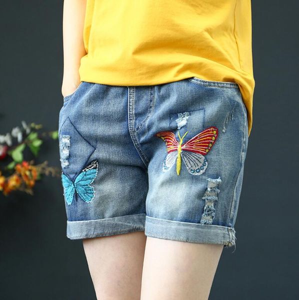 

vintage embroidery butterfly holes cotton denim shorts women summer 2020 casual loose elastic waist straight jeans shorts p1040, White;black