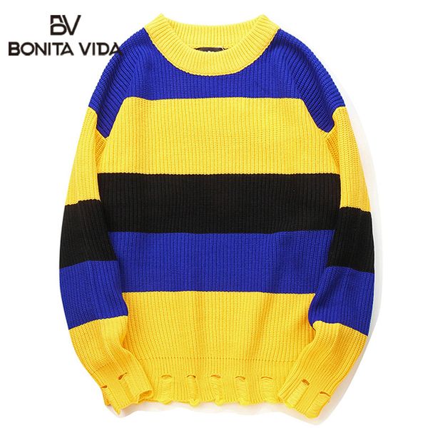 

bonita vida korean style pullover striped sweaters men 2019 autumn winter casual hole loose cotton streetwear mens sweater, White;black