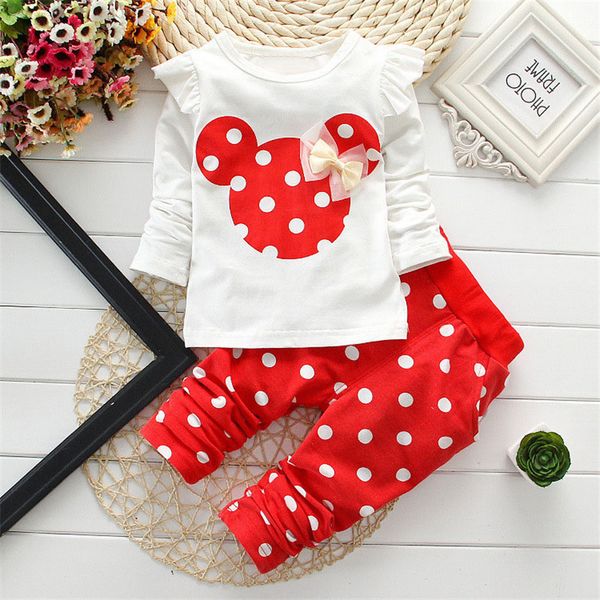 

2019 baby girl outfits newborn 2pcs suits cotton cartoon long sleeve tshirt+dot pant little girls clothing baby tracksuit kids outfits, White