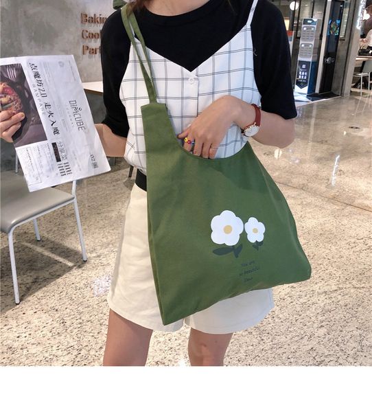 

2019 korea style canvas print flower messenger bag floral green solid handbags shopping open bolsos fold cute for girls japan