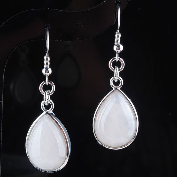 

wojiaer fashion natural pink rose quartz stone hook dangle water drop earrings solid jewelry for women r3178, Silver