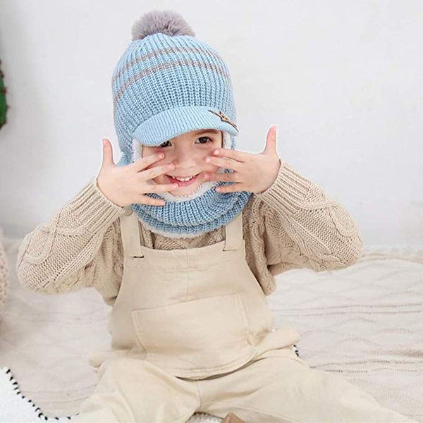 

toddler kids baby boy girl pompon hat winter warm knit crochet scarves skull caps scarf kid cap plush hat earmuffs christmas, Yellow