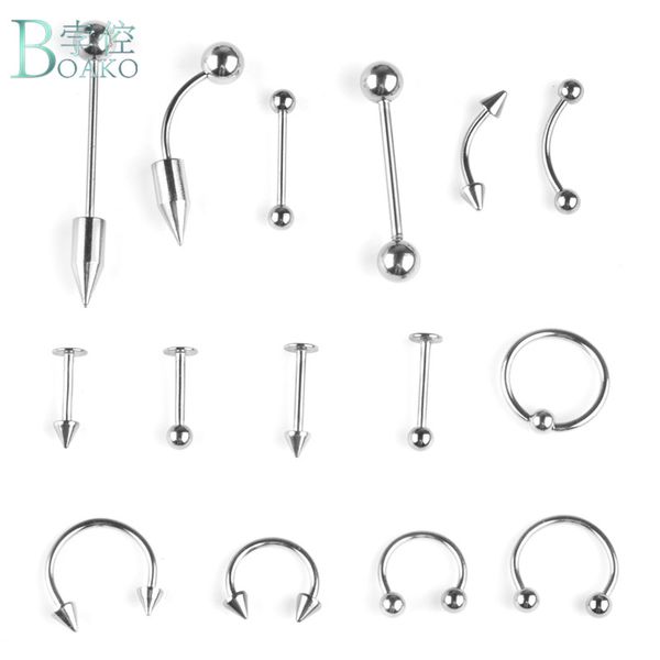

boako 15pcs/set stainless steel fashion piercing set eyebrow bar lip nose pircing ear studs stainless steel mixed body jewelry, Slivery;golden