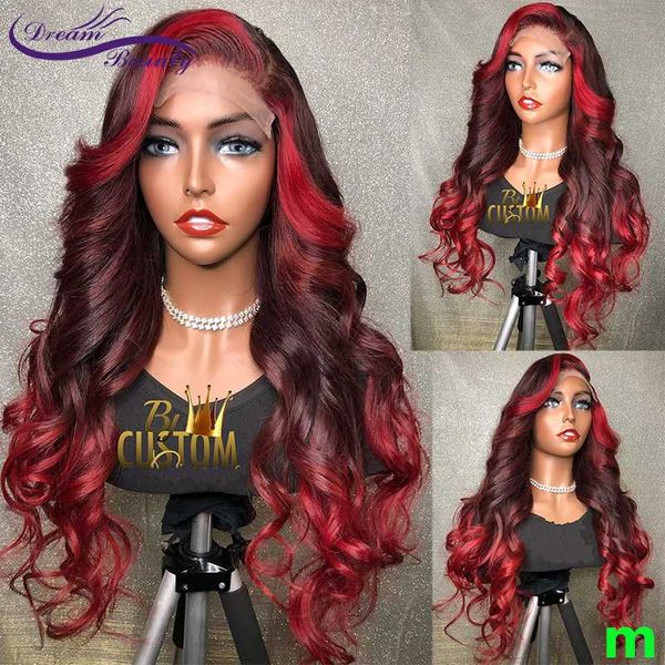 

13x4 pre plucked red color lace front human hair wigs ombre red 180% brazilian remy wavy lace frontal wig with baby hair, Black;brown
