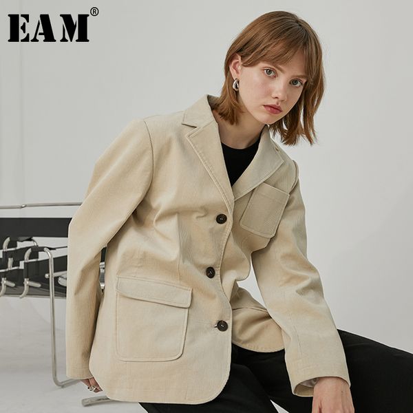 

eam] women apricot pocket split corduroy blazer new lapel long sleeve loose fit jacket fashion tide spring autumn 2020 1r762, White;black