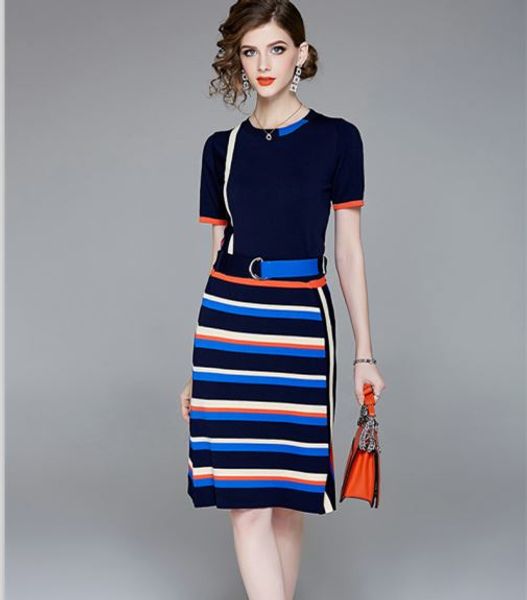 

new work wear two piece set blue knitted sweater women skirt suit summer women and stripped skirt set suit, White