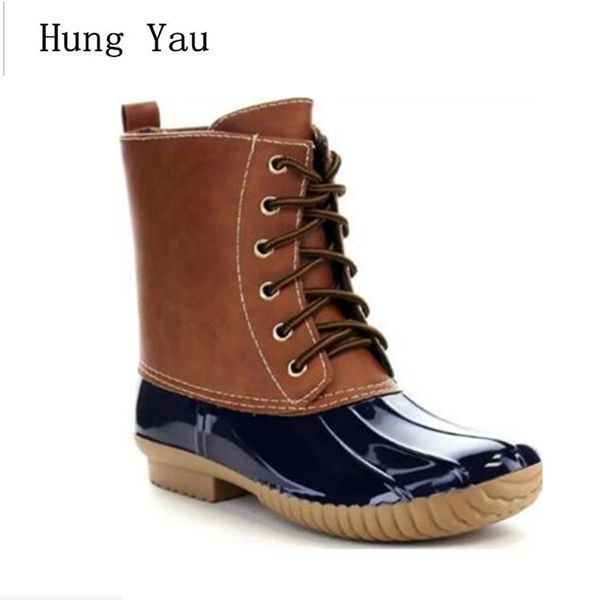 

rainboots women leopard ankle duck boots waterproof non-slip fashion female flat outdoor platform lace up plus size 35-43, Black