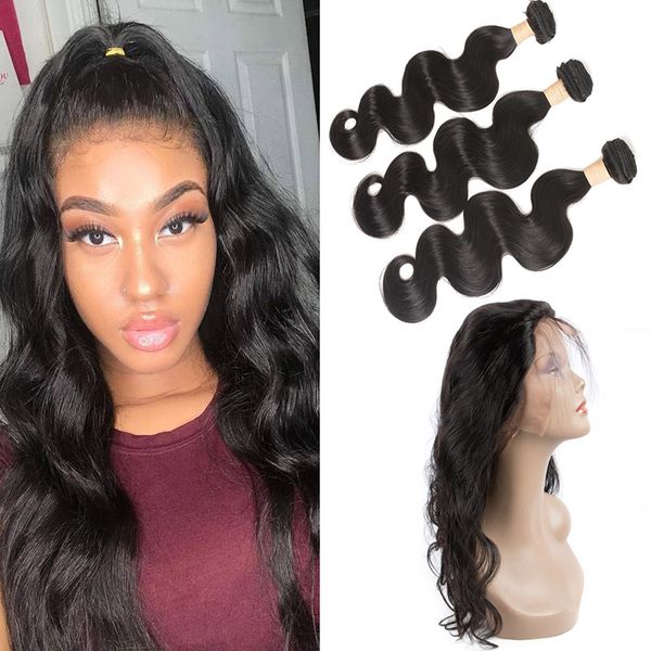 

brazilian virgin hair 3 bundles with 360 lace frontal body wave human hair extensions natural color pre plucked lace frontal with 3 bundles, Black;brown
