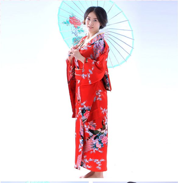 

fashion national trends women kimono yukata with obi novelty evening dress japanese cosplay costume floral, Red