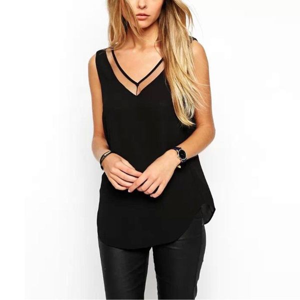 

women summer v neck chiffon vest sleeveless casual tank blusas sheer mesh patchwork t shirt bottom, White