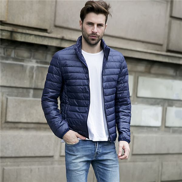 

uwback men winter ultralight down jackets 2017 fashion stand collar white duck down coats long sleeve windproof parkas 3xl xa232, Black