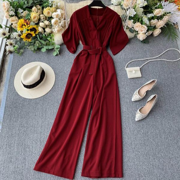 

summer women's short-sleeved v-neck pleated high waist slimming wide leg pants female fashion temperament overall women clothing, Black;white