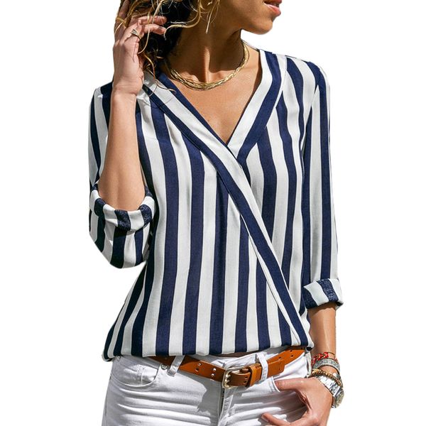 

women striped blouse shirt long sleeve blouse v-neck shirts casual et chemisier femme blusas mujer de moda, White