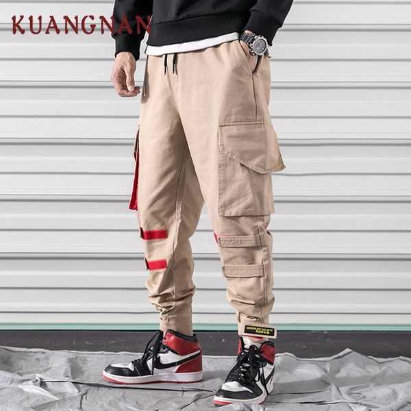 

kuangnan полосатая японская уличная одежда брюки-карго для мужчин jogger хип-хоп брюки брюки для мужчин jogger sweat joggers xxxl 2019, Black