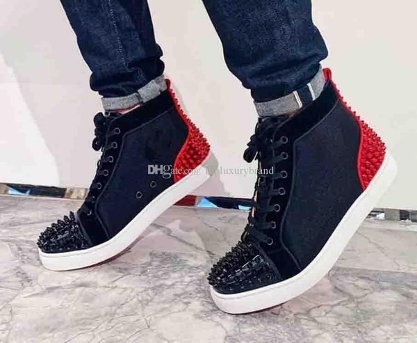 

men women red bottom shoes black suede leather with sliver spikes toe back hi-sneakers,designer brand spikes toe casual shoes 35-47