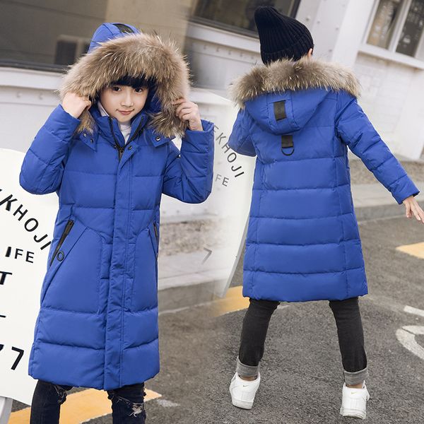 

winter warm boy's down jackets thickening fashion long model children duck down parkas coat natural fur kids teenager outerwear, Blue;gray