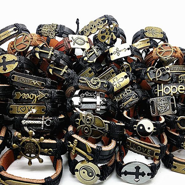 

2019 wholesale lots bulk 30pcs men bracelet leather lot genuine copper alloy cuff black brown bracelets women bangle jewelry, Golden;silver