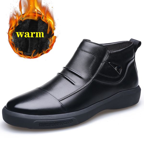 

men genuine leather winter boots warm plus velvet snow men boots ankle boots for men business dress shoes, Black