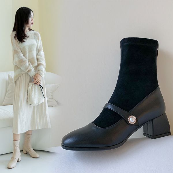 

boots sock knitting stretch high heels for women fashion shoes 2021 spring autumn ankle booties female, Black
