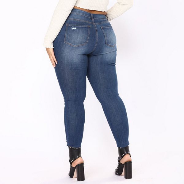 

europe and america fatty jeans wish extra large with holes high-waisted trousers elasticity cowboy skinny pants, Blue