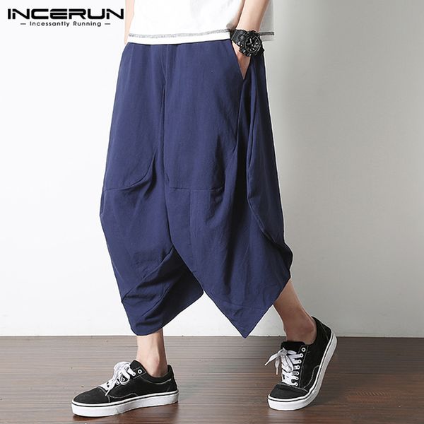 

incerun men loose harem pants solid elastic waist cotton drop-crotch trousers vintage joggers pockets calf-length pants men 2020, Black