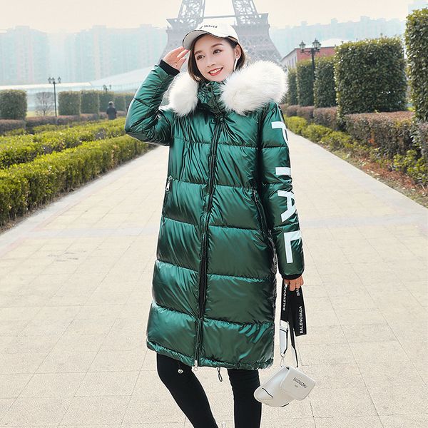 

2019 long big fur collar ladies long coats parka womens jackets glossy parka women winter jacket cotton padded warm thicken, Black