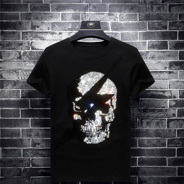 

brand skull designer mens tshirts short sleeve o neck drilling black mens fashion male modal tees, White;black