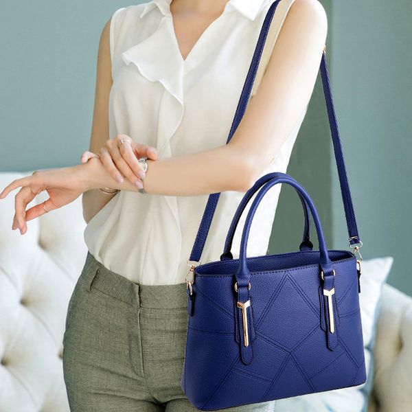

new casual plaid shoulder bag fashion stitching wild brand crossbody women leather handbags sky blue