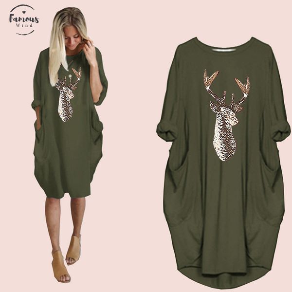 

christmas dress women long sleeve dress harajuku casual knee length dress plus size dresses elbise moose print party vestidos, Black;gray