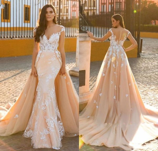 

detachable train sheath bridal gown exquisite applique 2019 scoop embroidery tulle 2 in 1 wedding dresses customize made, White