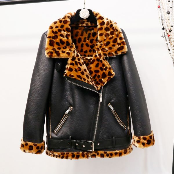 

female winter new turn down collar motorcycle jacket women thick flocking leopard parkas plus size loose long sleeve coat z477, Black
