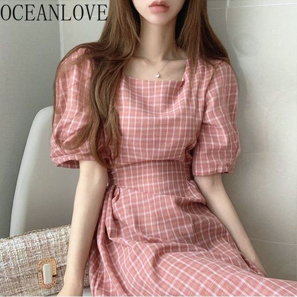 

casual dresses oceanlove plaid vintage women dress puff sleeve high waist fashion vestidos elegant a-line sweet korean style long 17111, Black;gray