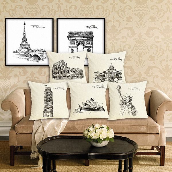 

sofa pillow home decorative cushion cover scenic tower paris ancient building flax square car decorative pillow case 45x45 cm