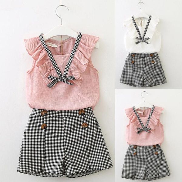 

2020 kids baby girls outfits clothes bowknot vest +plaid shorts pants set kids clothes girl sport suit children 2-7y, White