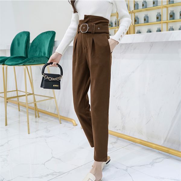 

2019 new autumn winter style women woolen pants high waist with sashes pencil pant elegant work formal trousers female pocket, Black;white