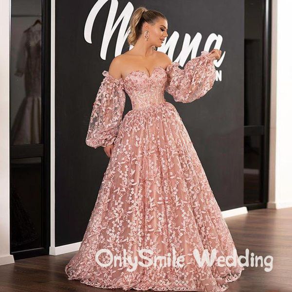 

pink 2020 new prom dresses lace appliqued dubai arabic off shoulder beads long sleeve evening gowns a line formal pageant dress, White;black