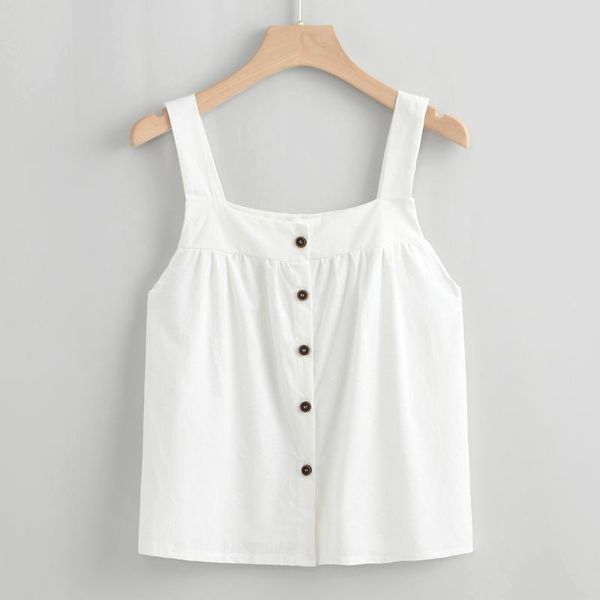 

summer women tank button hollow out neck sleeveless tank casual active wear wild stretch slim basic camisole mujer, White