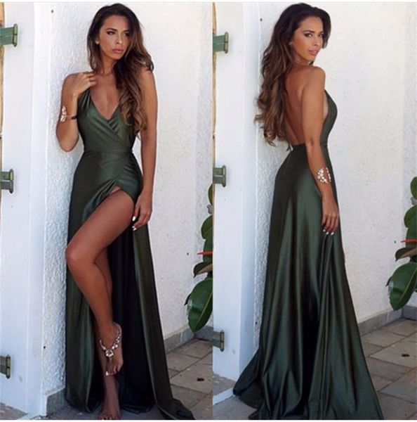 

women's sheath robe de soiree long satin v-neck evening dresses with side slit sleeveless vestido de festa prom gowns, Black;red