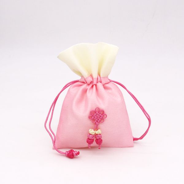 

new 5pcs/lot soft satin drawable jewelry bags 10x15cm pink fashion pouches with chinese knot for party gift bracelet package, Pink;blue