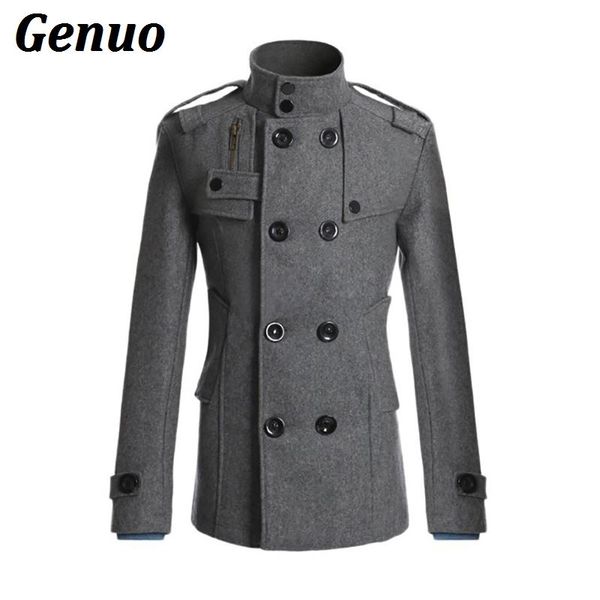 

fashion mandarin collar double breasted male jacket autumn winter wool blends coat men thick warm overcoats with pockets genuo, Black