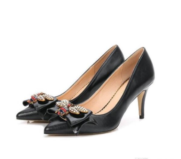 Горячая распродажа - дизайнерские женские туфли на высоком каблуке с острым носком и галстуком-бабочкой, роскошные туфли из металлической пчелы, модные туфли из натуральной кожи, новая весенняя обувь # 9015