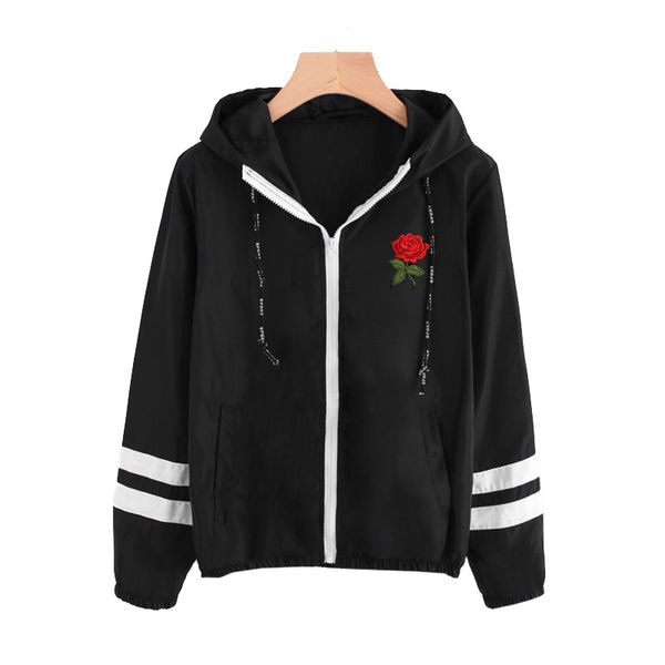 

varsity-striped zip up hooded women jacket and coat basic women denim clothes zipper jacket black embroidery short jacket outerwear, Black;brown