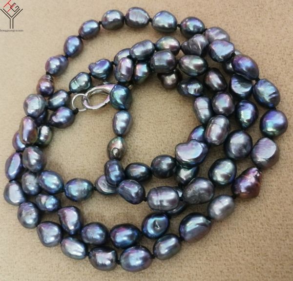 

women jewelry 31inch / 80cm necklace 9x10mm black gray blue colors baroque pearl real natural pearl cultured freshwater pearl, Silver