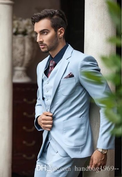 Fino que cabe One Button Brasão Light Blue Noivo Smoking Notch lapela Mens Suits Blazer Roupa casamento (Jacket + Calças + Vest + Tie) D: 192