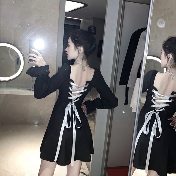 

spring fall women's clothing backless dresses strapless bow black style square collar bandage bodycon party mini dress hot, Black;gray