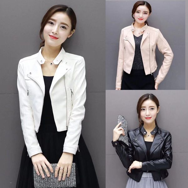 

new pink white leather women short slim spring leather jacket pu locomotive korean version of the small jacket, Black