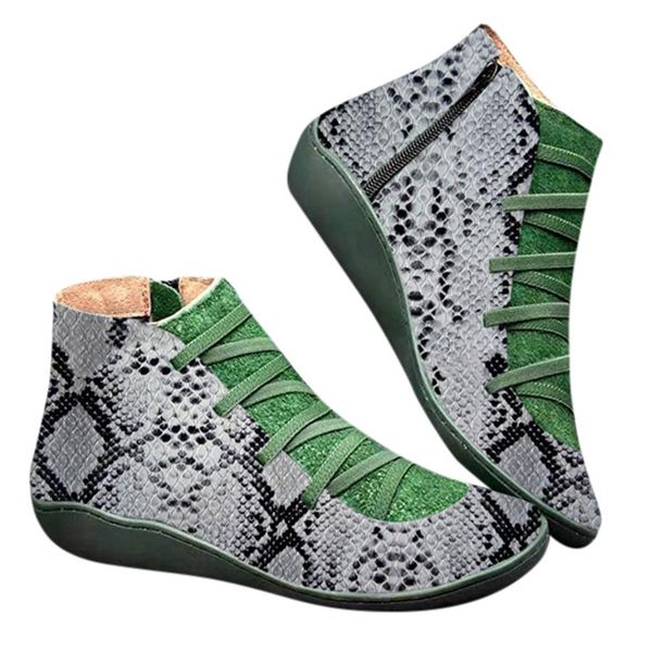 

snake print women's ankle boot large size 2020 new winter fashion casual flat leather lace-up zipper round toe shoe botas mujer, Black