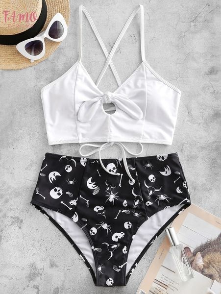 

halter front bow bikini set 2020 mujer women out push up skull printed two piece swimsuit bathers bathing high waist bikini, White;black